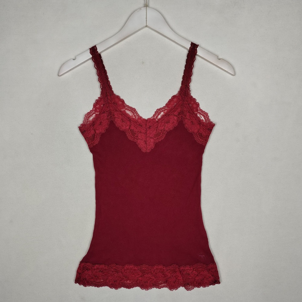 Abercrombie & Fitch Burgundy Ribbed Lace Trim Cami Top Red Small - Picture 8 of 10